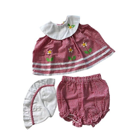 Vintage Sunshine Baby 3 Piece Gingham Outfit 6-9M Red Floral Embroidery NEW - Picture 1 of 8